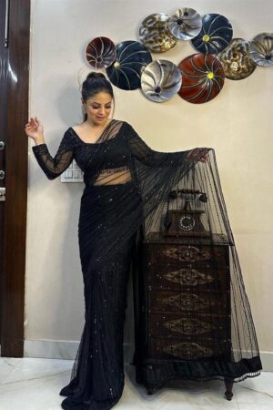 Designer Net Saree with Sequence Work & Fancy Lace