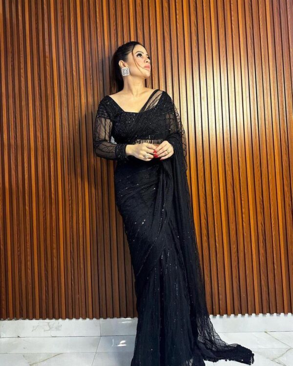 Designer Net Saree with Sequence Work & Fancy Lace - Image 2