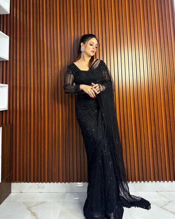 Designer Net Saree with Sequence Work & Fancy Lace - Image 3