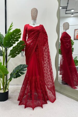 Designer Soft Net Saree with Thread & Sequence Embroidery