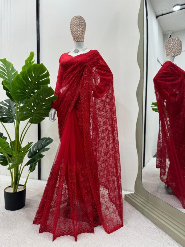 Designer Soft Net Saree with Thread & Sequence Embroidery - Image 3