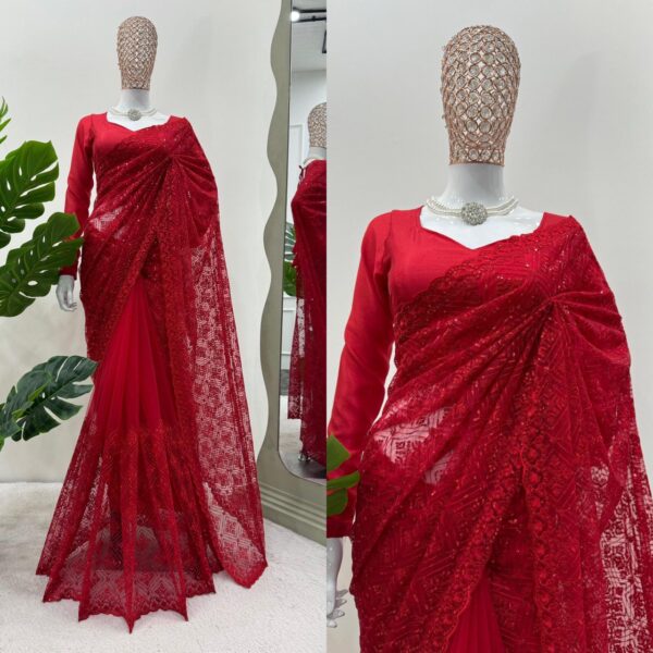 Designer Soft Net Saree with Thread & Sequence Embroidery - Image 2