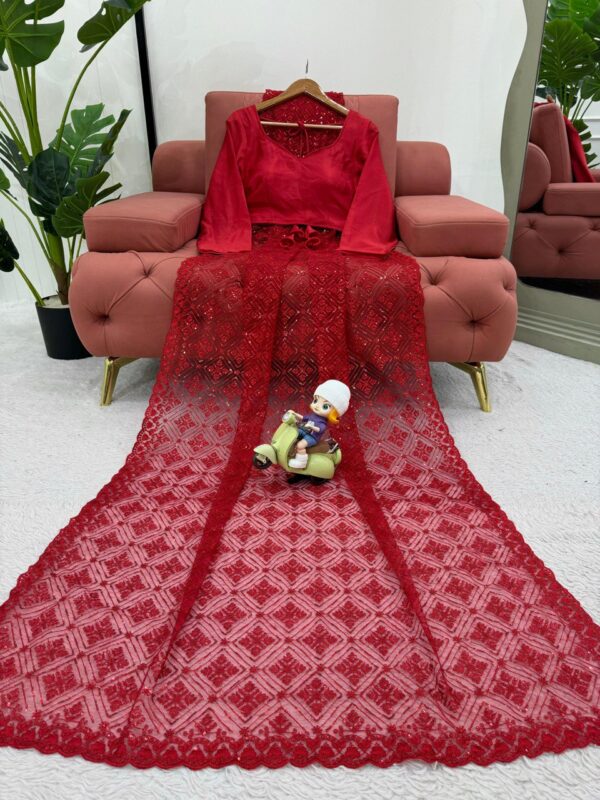 Designer Soft Net Saree with Thread & Sequence Embroidery - Image 4