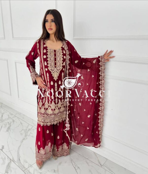 Shop Faux Georgette Embroidered Sharara Set with Dupatta