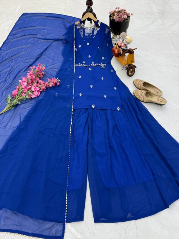 Shop Fox Georgette Embroidered Palazzo Set with Dupatta - Image 3