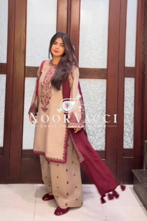 Buy Faux Georgette Embroidered Farshi Pant Set with Dupatta