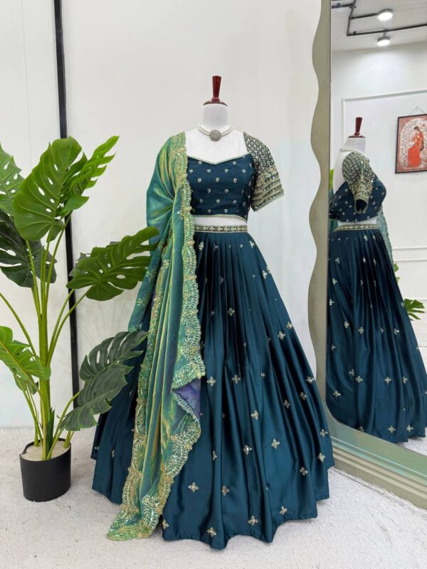 Buy Japan Satin Embroidered Lehenga with Fendi Silk Dupatta