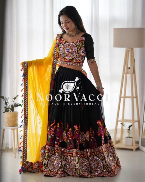 Buy Faux Georgette Lehenga Set with Original Mirror & Chain-Stitch Work – Semi-Stitched Glam Look - Image 3