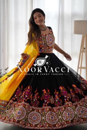 Buy Faux Georgette Lehenga Set with Original Mirror & Chain-Stitch Work – Semi-Stitched Glam Look