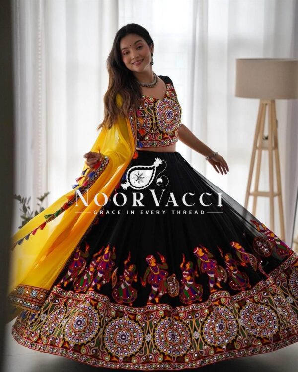 Buy Faux Georgette Lehenga Set with Original Mirror & Chain-Stitch Work – Semi-Stitched Glam Look