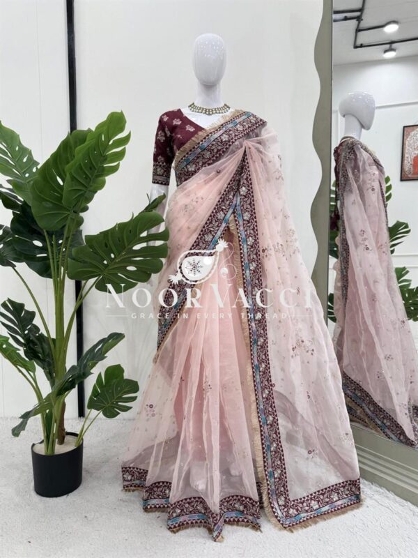Buy Heavy Organza Silk Saree with Thread & Sequence Work and Mono Benglori Blouse