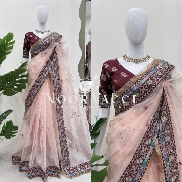 Buy Heavy Organza Silk Saree with Thread & Sequence Work and Mono Benglori Blouse - Image 6