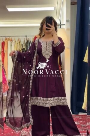 Buy Chinon Silk Embroidered Plazo Set with Dupatta