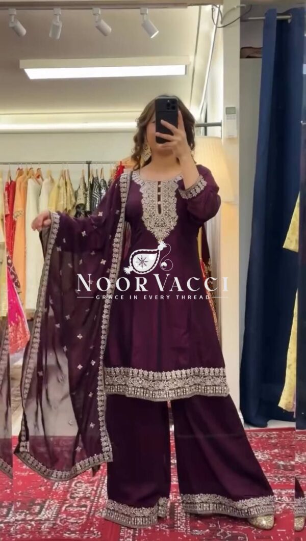 Buy Chinon Silk Embroidered Plazo Set with Dupatta