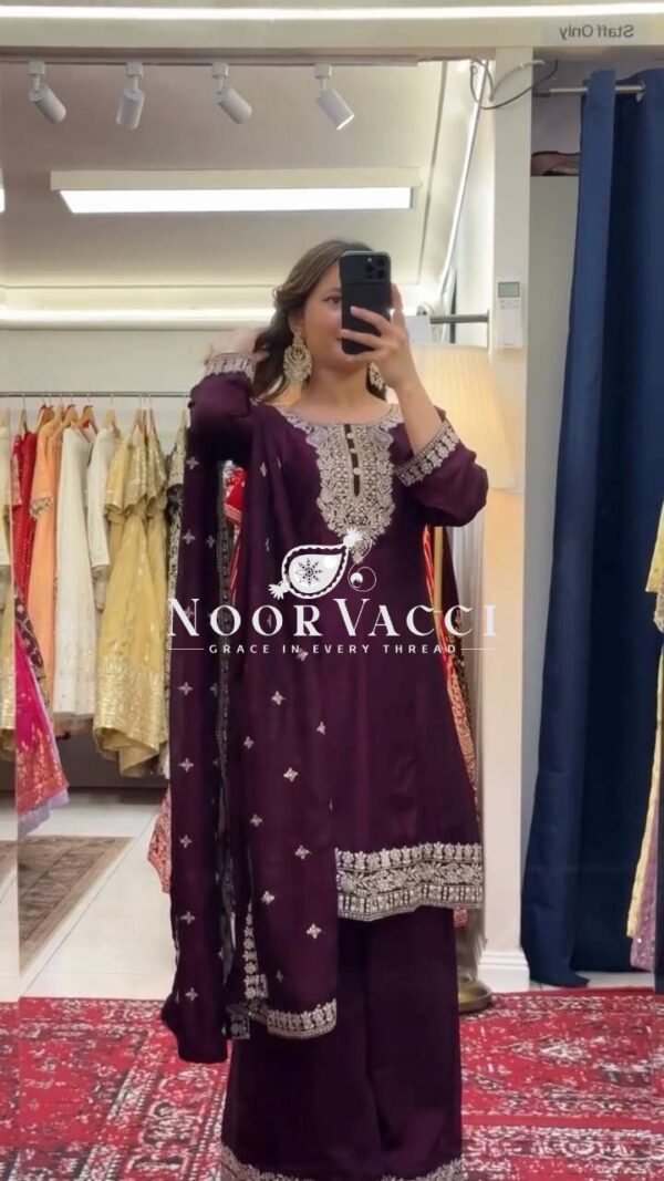 Buy Chinon Silk Embroidered Plazo Set with Dupatta - Image 2