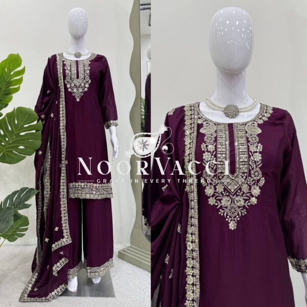 Buy Chinon Silk Embroidered Plazo Set with Dupatta - Image 6