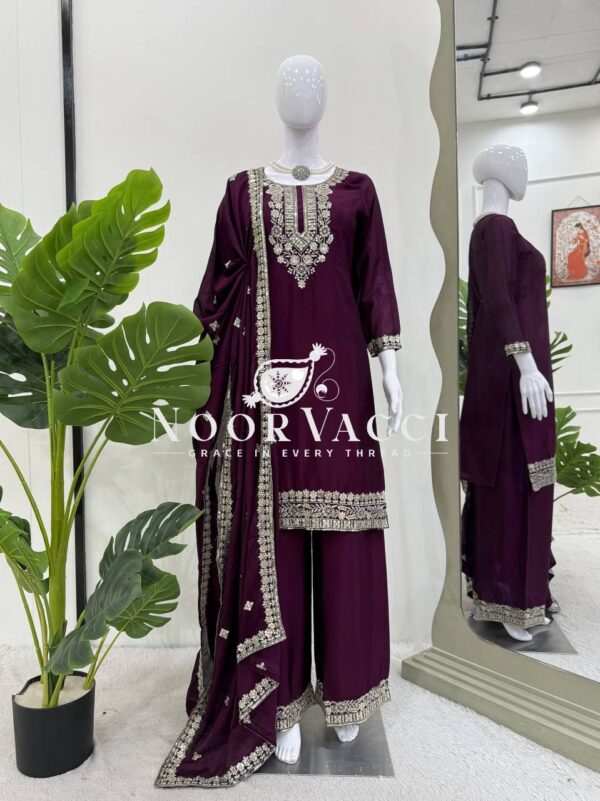 Buy Chinon Silk Embroidered Plazo Set with Dupatta - Image 4