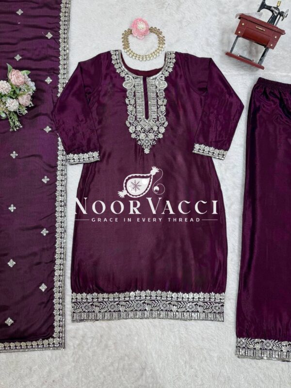 Buy Chinon Silk Embroidered Plazo Set with Dupatta - Image 3