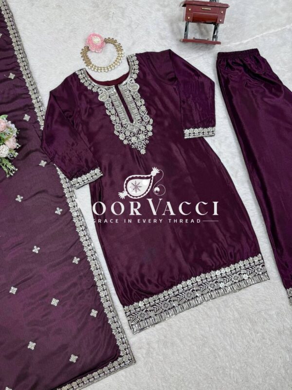 Buy Chinon Silk Embroidered Plazo Set with Dupatta - Image 5