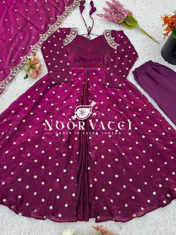 Shop Fandy Silk Embroidered Gown with Bottom and Dupatta - Image 4