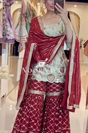 Shop Chinnon Silk Embroidered Sharara Plazo Set with Dupatta