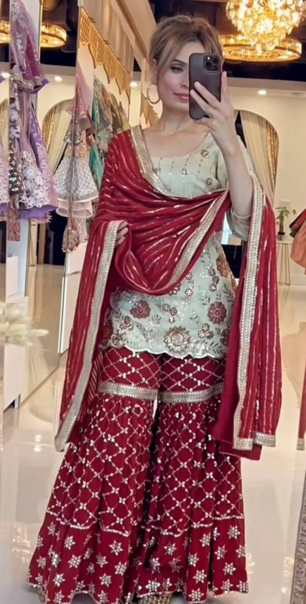 Shop Chinnon Silk Embroidered Sharara Plazo Set with Dupatta