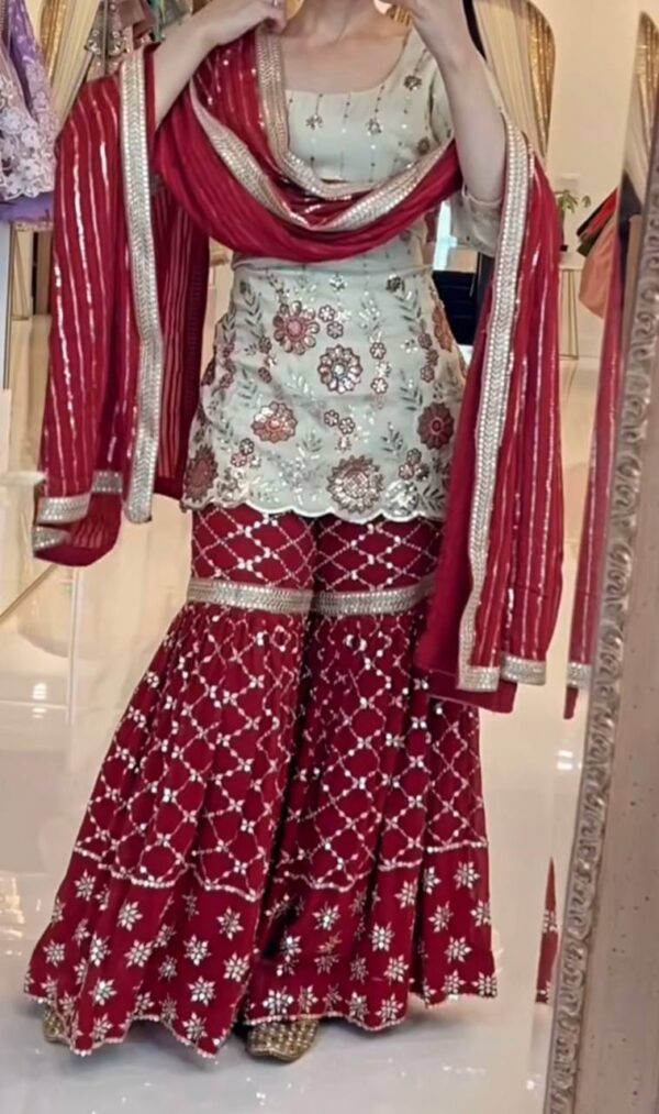 Shop Chinnon Silk Embroidered Sharara Plazo Set with Dupatta - Image 3