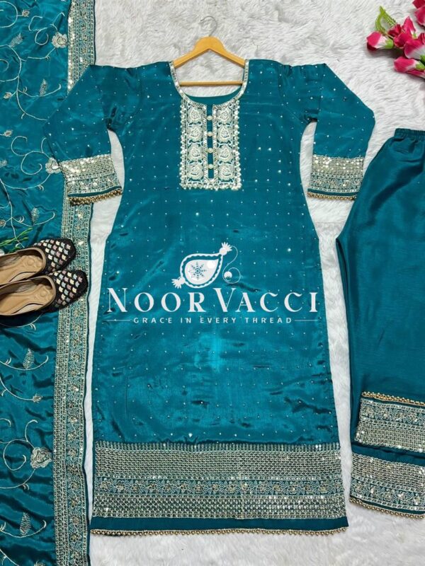 Buy Pure Chinon Silk Pakistani Style Suit with Embroidered Pant and Dupatta - Image 4