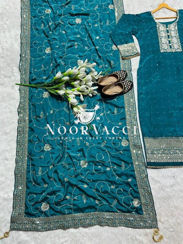 Buy Pure Chinon Silk Pakistani Style Suit with Embroidered Pant and Dupatta - Image 5