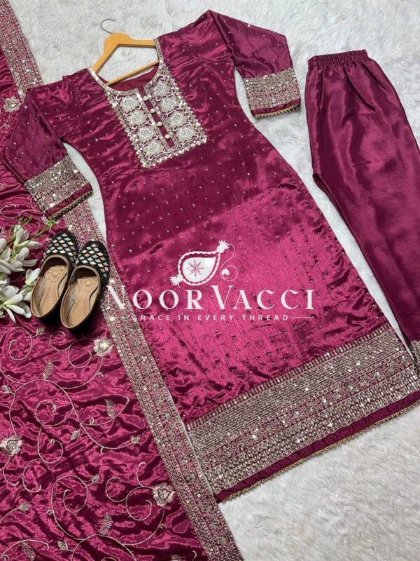 Buy Pure Chinon Silk Pakistani Style Suit with Embroidered Pant and Dupatta - Image 2