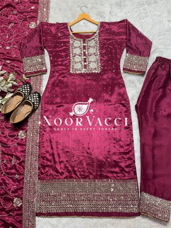 Buy Pure Chinon Silk Pakistani Style Suit with Embroidered Pant and Dupatta - Image 3