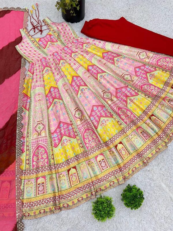 Shop Designer Japansatin Silk Kali Flair Gown Set with Digital Foil Print & Dupatta – Party Wear - Image 3