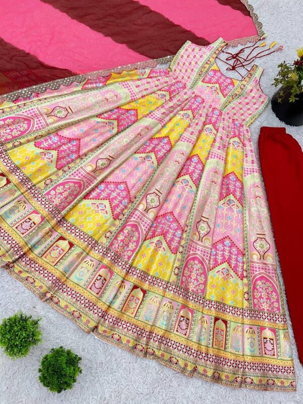 Shop Designer Japansatin Silk Kali Flair Gown Set with Digital Foil Print & Dupatta – Party Wear - Image 4