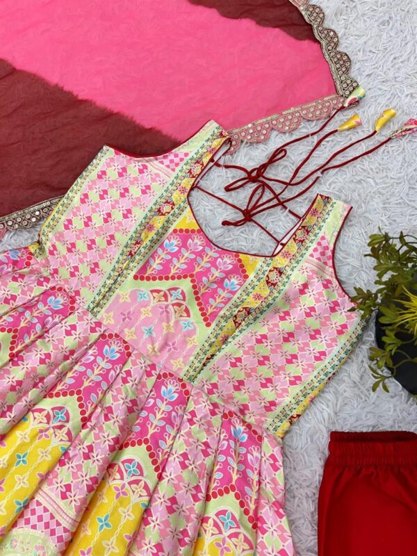 Shop Designer Japansatin Silk Kali Flair Gown Set with Digital Foil Print & Dupatta – Party Wear - Image 7