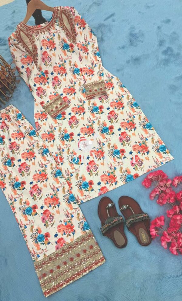 Buy Designer Roman Silk Printed & Embroidered Co-ords Set - Image 6