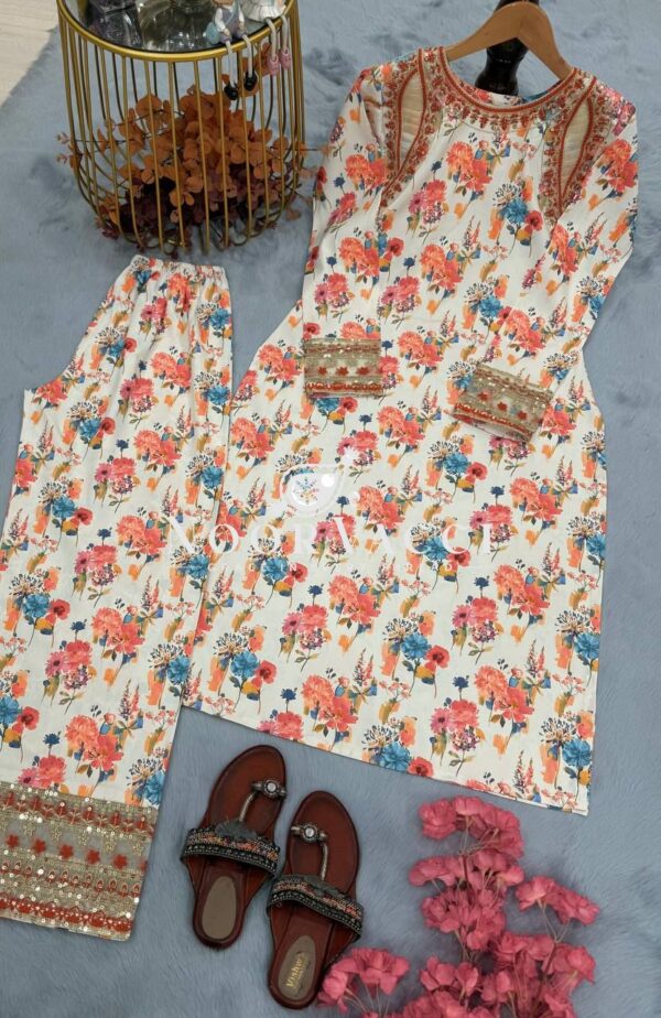 Buy Designer Roman Silk Printed & Embroidered Co-ords Set - Image 4