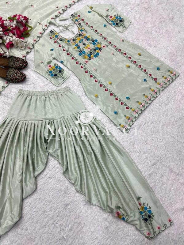 Shop Chinnon Silk Embroidered Dhoti Salwar Set with Dupatta - Image 5