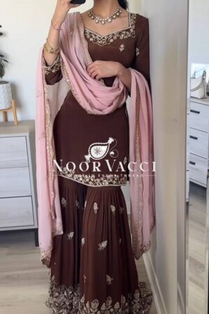 Shop Faux Georgette Embroidered Top-Plazzo Set with Dupatta