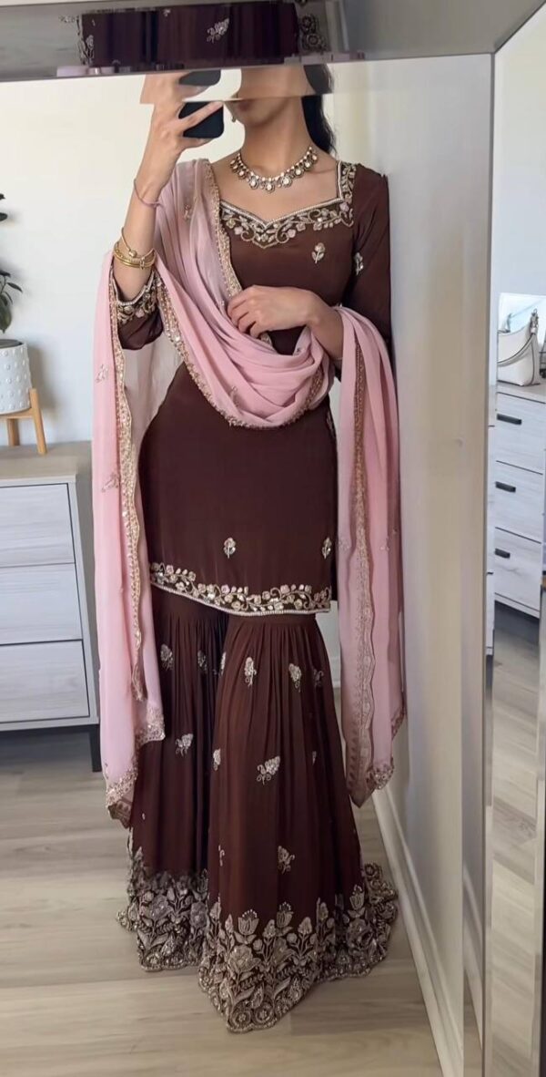 Shop Faux Georgette Embroidered Top-Plazzo Set with Dupatta