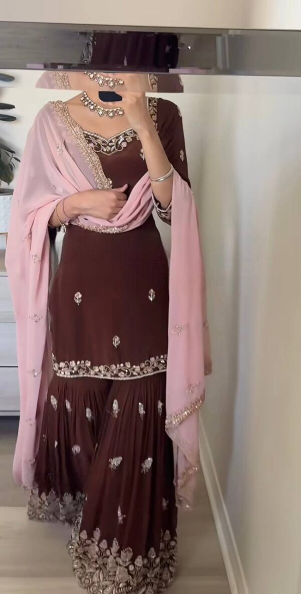 Shop Faux Georgette Embroidered Top-Plazzo Set with Dupatta - Image 3