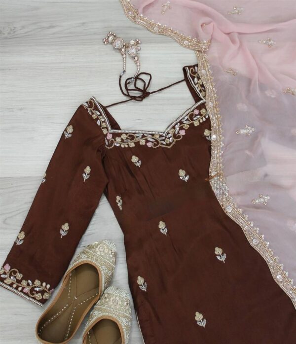 Shop Faux Georgette Embroidered Top-Plazzo Set with Dupatta - Image 4