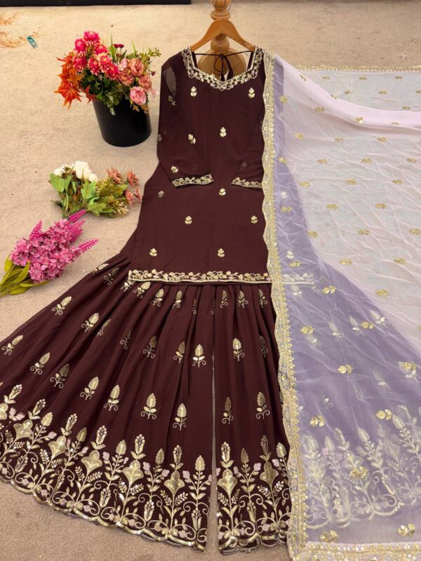 Shop Faux Georgette Embroidered Top-Plazzo Set with Dupatta - Image 5