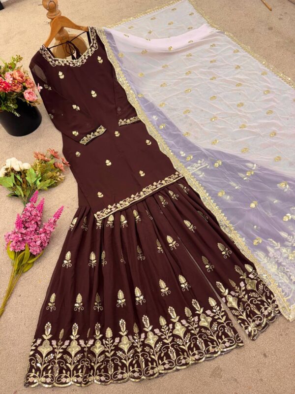 Shop Faux Georgette Embroidered Top-Plazzo Set with Dupatta - Image 6