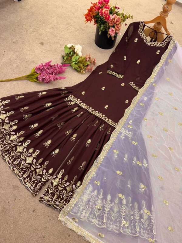 Shop Faux Georgette Embroidered Top-Plazzo Set with Dupatta - Image 7
