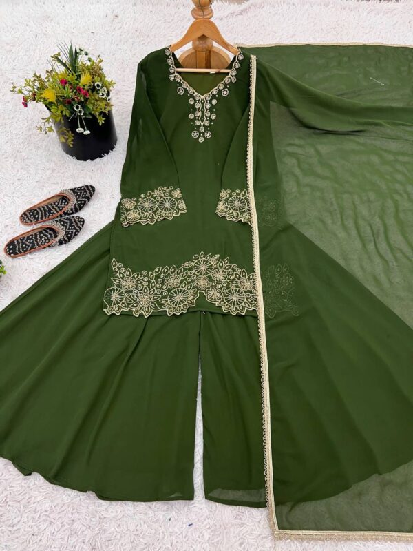 Shop Faux Georgette Embroidered Beads Work Top-Sharara Set with Dupatta - Image 4