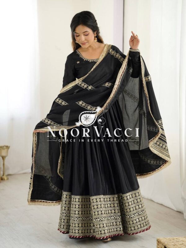 Buy Chinon Silk Embroidered Gown Set with Dupatta – Elegant Thread & Sequin Work - Image 4