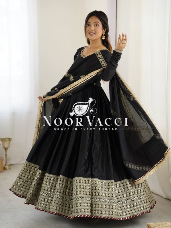 Buy Chinon Silk Embroidered Gown Set with Dupatta – Elegant Thread & Sequin Work - Image 3