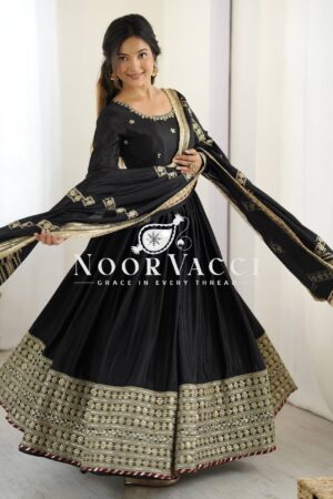 Buy Chinon Silk Embroidered Gown Set with Dupatta – Elegant Thread & Sequin Work