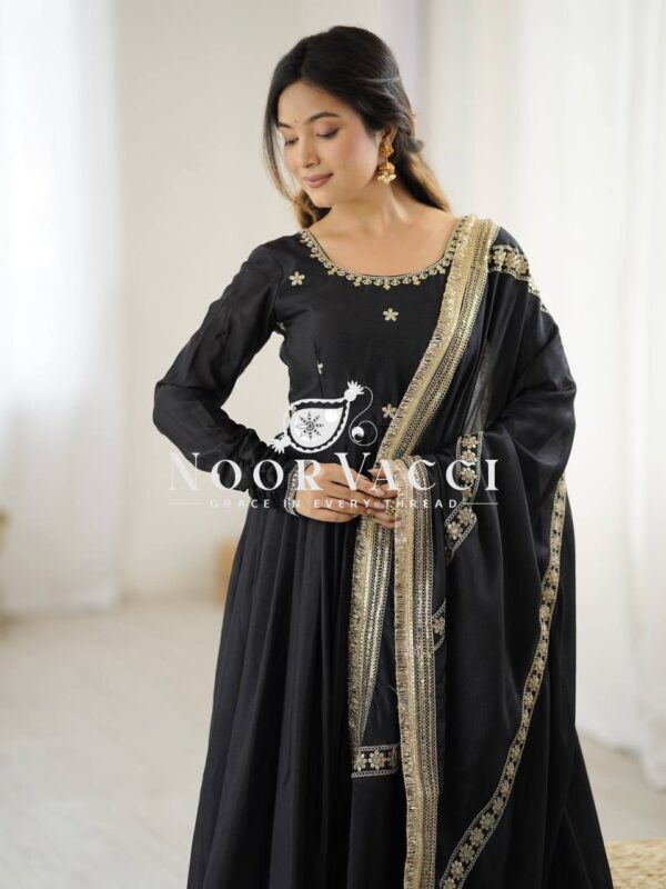 Buy Chinon Silk Embroidered Gown Set with Dupatta – Elegant Thread & Sequin Work - Image 2