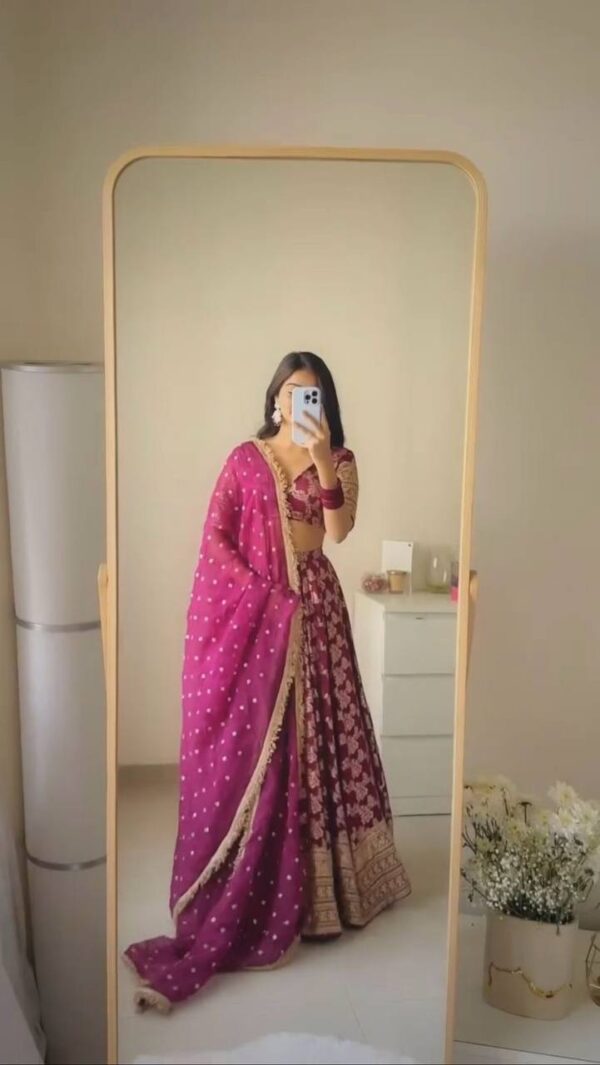 Shop Jacquard Embroidered Lehenga Set with Fancy Lace Dupatta